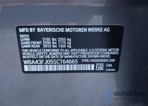 2025 BMW 530I from USA, damaged, VIN WBA43FJ05SCT64665